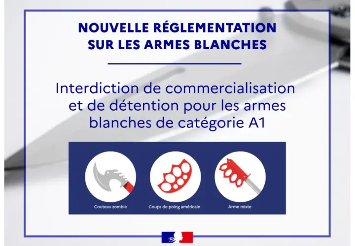 Nouvelle réglementation sur les armes blanches de catégorie A1 : interdiction de commercialisation et de détention. Icônes : couteau zombie, coups de poing américain, arme mixte.