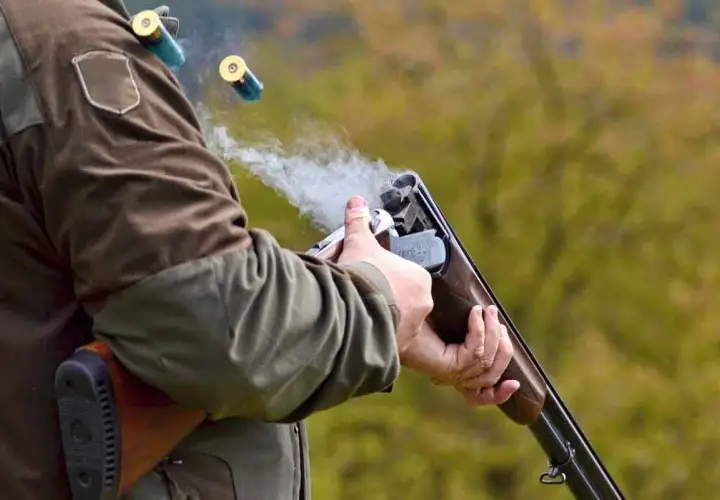 Un chasseur tire avec son fusil, des douilles s'envolent. La fumée s'échappe du choke du fusil.