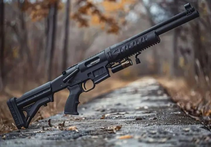 Un fusil à pompe Remington 870 Police, noir, avec une lampe tactique, posé sur un chemin en automne.