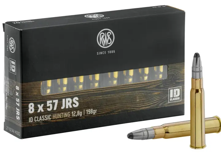 Boîte de munitions RWS 8x57 JRS, calibre Mauser, pour la chasse. Deux cartouches dorées sont posées devant.