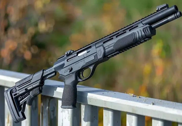 Un fusil tactique noir, avec une crosse réglable et une poignée ergonomique, posé sur une rambarde. C'est peut-être son premier fusil.