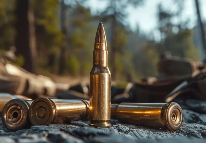 Trois cartouches dorées sur un sol rocheux, en forêt. La question quel calibre pour le sanglier est au cœur de cette scène de chasse.