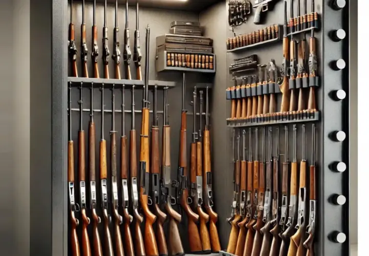Un coffre-fort rempli de fusils, prêts pour la défense. Des armes à feu de différents calibres sont rangées méticuleusement, certaines avec des crosses en bois.