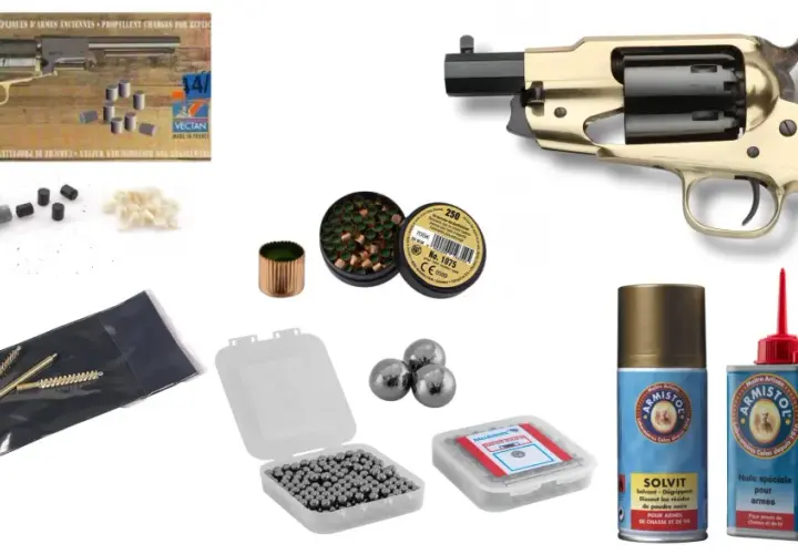 Un pistolet Remington doré et brun, entouré de munitions, d'un kit de nettoyage et de produits d'entretien pour armes.