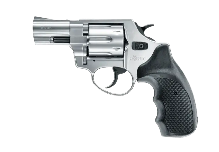Revolver RG 89 chromé, une arme à balle à blanc au design classique, avec une poignée noire texturée.