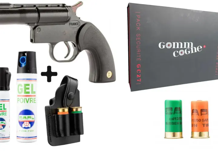 Pack de défense : pistolet lanceur de projectiles, cartouches calibre 12 (dont gomme cogne) et sprays de poivre. Législation en vigueur.