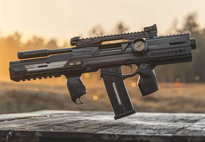Carabine à plomb futuriste avec manomètre. La question "peut-on chasser avec une carabine à plomb 20 joules" reste ouverte.