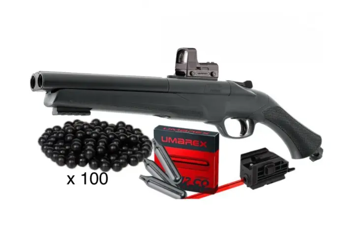 Carabine à plomb Umarex avec viseur point rouge, billes et cartouches CO2. 16 joules est ce puissant pour le tir de loisir.