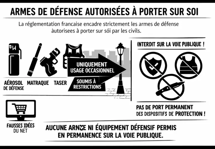 Infographie sur les armes de défense autorisées en France. Le taser est soumis à restrictions, contrairement à l'aérosol.