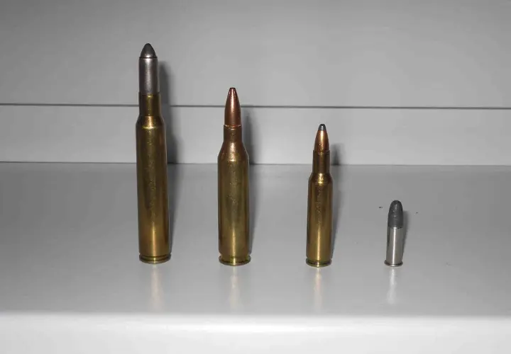 Comparaison de munitions : une cartouche 222 Remington à gauche, une 223 Remington au centre, et deux plus petites à droite.