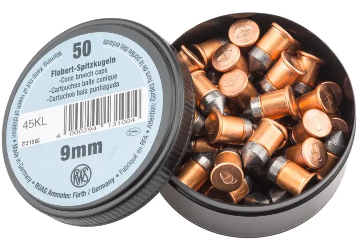 Boîte de 50 cartouches 9mm pour revolver, type Flobert, avec balles coniques en cuivre et plomb.
