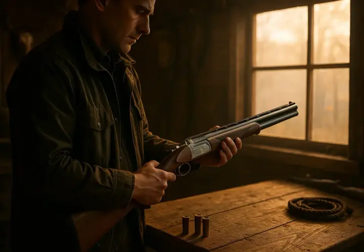 Un homme examine un fusil à double canon, prêt à vérifier la dimension cartouche calibre 12. Trois cartouches sont posées sur la table en bois.