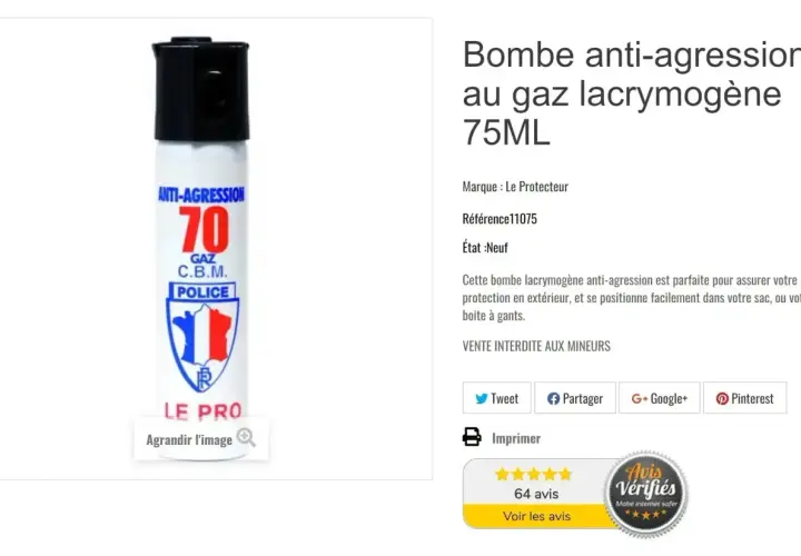 Bombe anti-agression au gaz lacrymogène 75ML, idéale pour votre protection. Son effet lacrymogène dissuade les agresseurs.