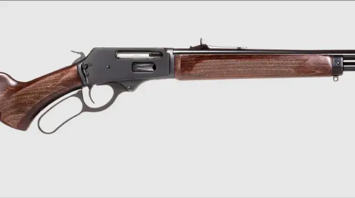 Carabine courte pour traqueur, avec crosse et garde-main en bois sombre, mécanisme à levier sous garde. Idéale pour la chasse discrète.