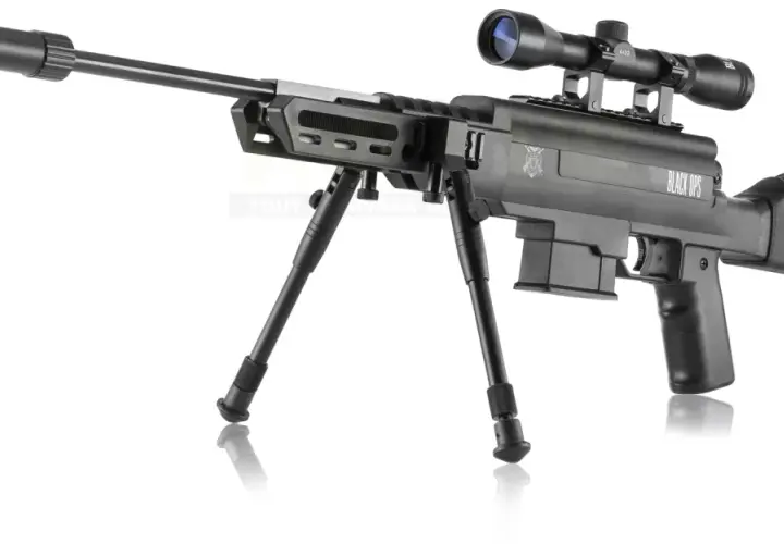 Fusil tactique noir "Black Ops" avec lunette, bipied et silencieux. Idéal pour le tir de précision, mais attention au nombre de joules autorisé.
