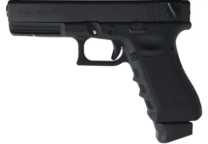 Pistolet Glock 18C, fabriqué en Autriche, calibre 9x19, avec sa poignée texturée et son chargeur étendu.