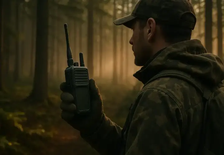 Chasseur dans la forêt, ajustant la fréquence talkie walkie pour rester en contact.