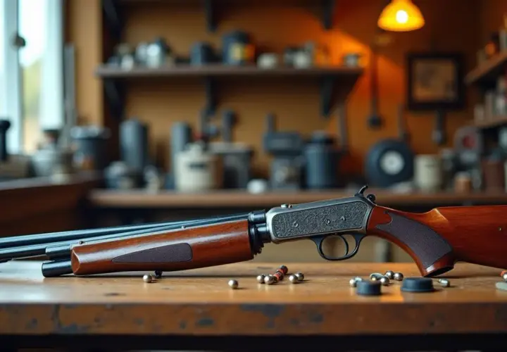 Carabine à levier, bois sombre, métal gravé. Des balles rondes et des douilles jonchent la table. Imaginez la puissance joule d'un pistolet 9mm dans ce contexte.