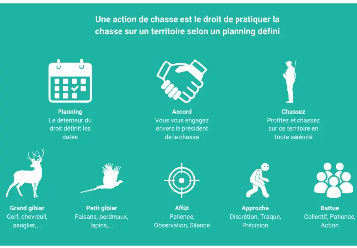 Icônes illustrant différents aspects de la chasse : planning, accord, chasseur, grand et petit gibier, affût, approche, battue. Ce type de chasse est réglementé.