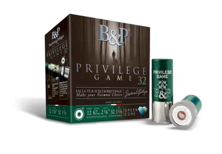 Boîte et cartouches de chasse Baschieri & Pellagri, modèle Privilege Game 32. L'image met en avant la qualité et le choix naturel.