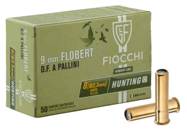 Boîte de cartouches 9mm Flobert D.F. A Pallini, 8 shots, puissance pour la chasse. Fiocchi.