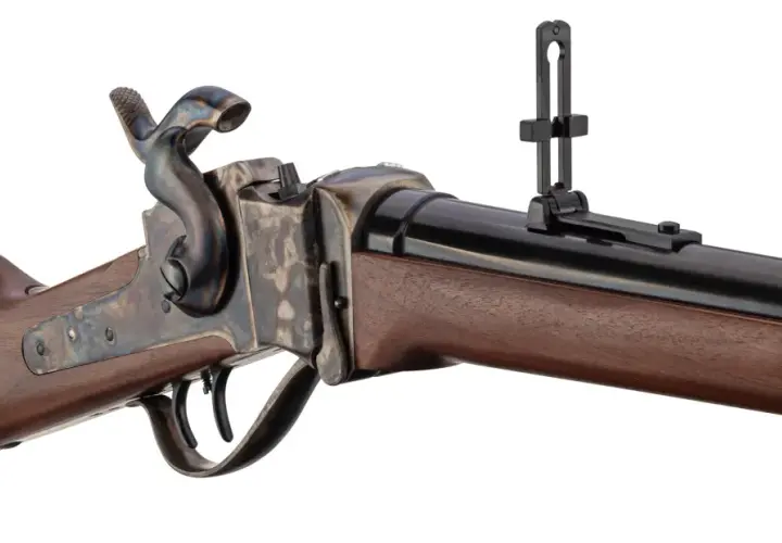 Détail d'une carabine de chasse la plus précise, avec sa crosse en bois sombre, son mécanisme de culasse ouvrante et sa hausse réglable.