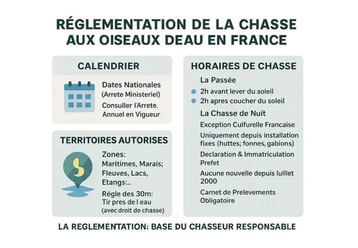 Réglementation de la chasse aux oiseaux d'eau en France : calendrier, horaires, territoires autorisés. La chasse au gibier d'eau est encadrée.