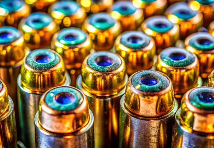 Rangée de munitions 44 magnum Geco, aux reflets dorés et bleus, prêtes à l'action.