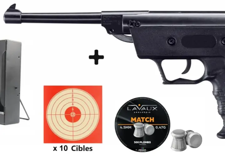 Pistolet à air comprimé Perfecta S3, 4,5 mm, avec boîte de rangement, cibles et plombs. Attention, ce pistolet 3 joules dangereux nécessite une utilisation responsable.