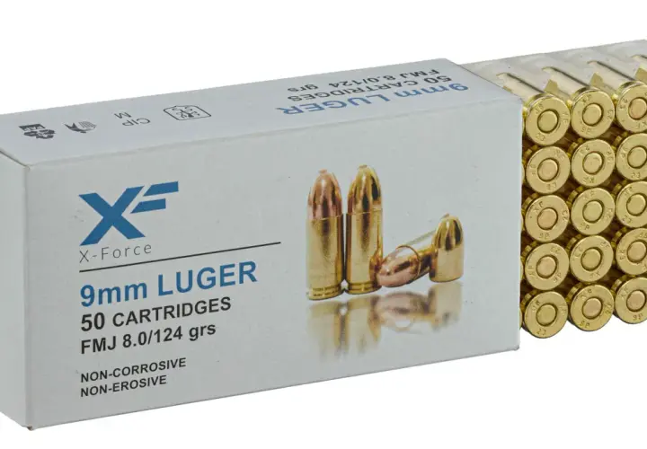 Boîte de 50 cartouches 9mm Luger FMJ 8.0/124 grs, poids balle 9mm.