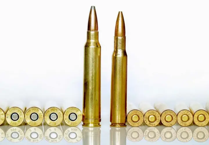 Comparaison visuelle entre une cartouche 300 Win Mag et une 30-06. Les deux sont alignées avec d'autres cartouches en arrière-plan.