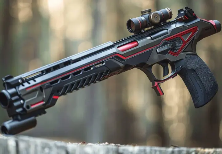 Un fusil pour sanglier au design futuriste, noir et rouge, avec lunette de visée, posé sur une souche en forêt.
