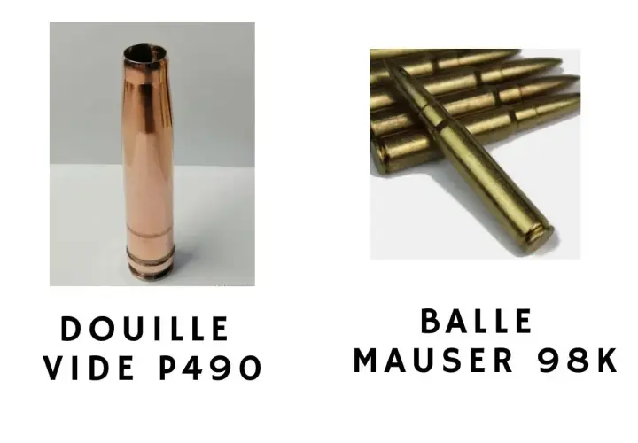 Comparaison : douille vide P490 à gauche, balles réelles Mauser 98K à droite.