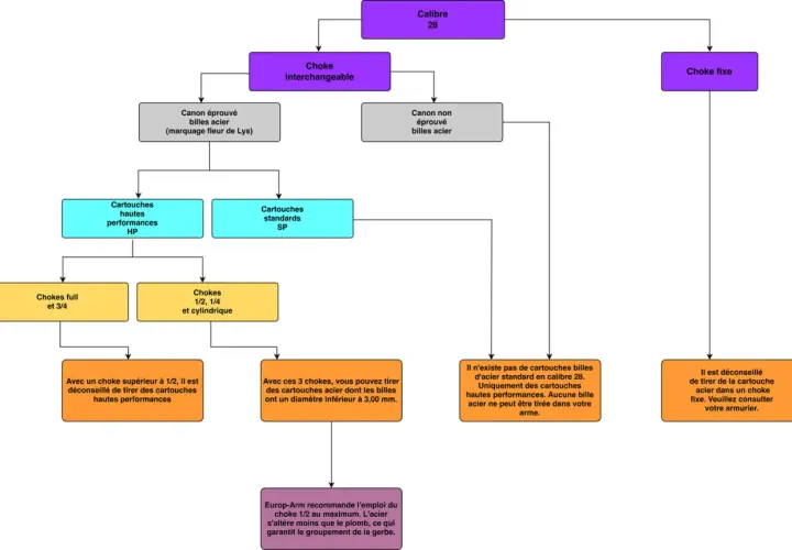 Diagramme sur le calibre 28, les chokes et les cartouches. Il explique quel type de cartouche acier est le meilleur pour chaque choke.