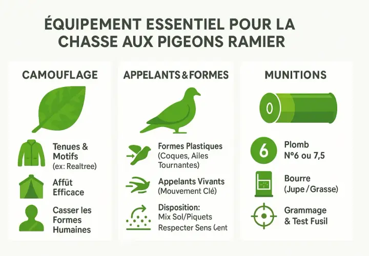 Équipement pour la chasse au pigeon : camouflage, appelants, et munitions. Le bon plomb, N°6 ou 7,5, est essentiel.