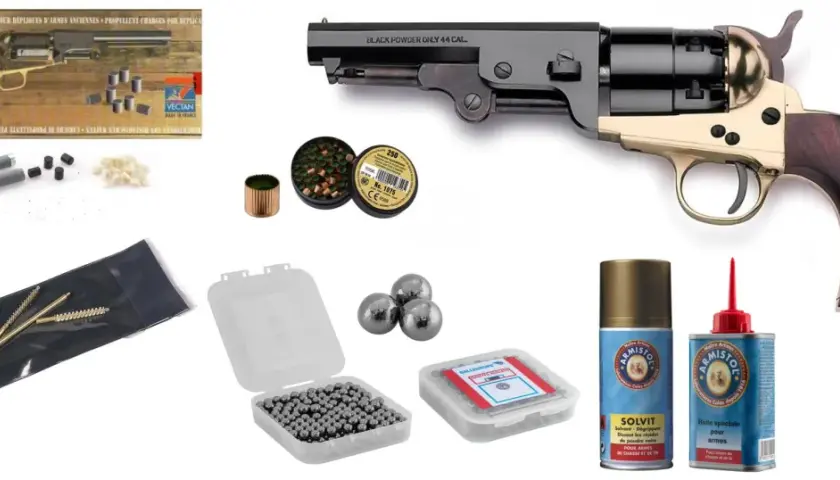 Kit de conversion pour arme à poudre noire, incluant un révolver, balles, poudre et produits d'entretien.