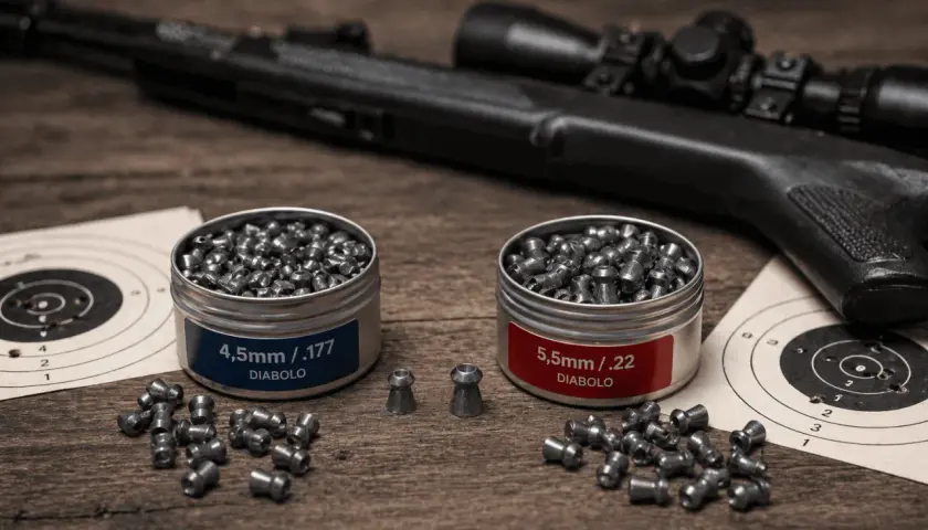 Plombs de calibre 5,5 mm et 4,5 mm, prêts pour le tir sur cible avec une carabine.