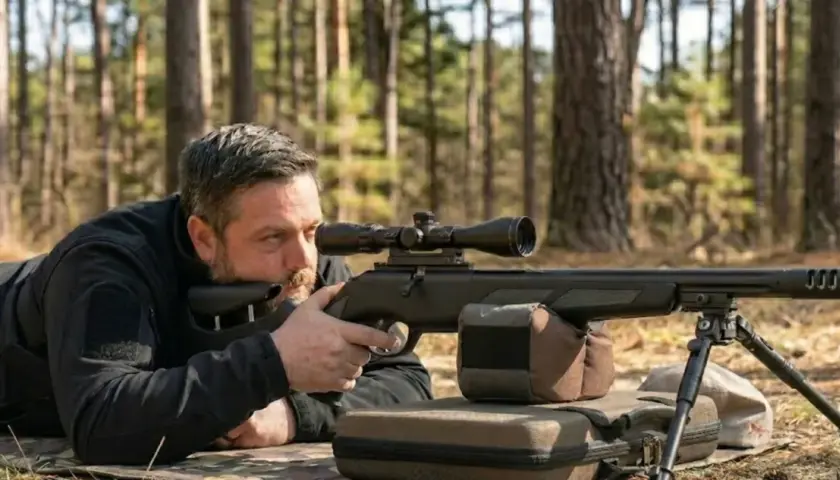 Un homme en tenue noire, couché dans une forêt, vise avec une carabine équipée d'une lunette. Le kit de puissance 40 joules est prêt pour le tir.