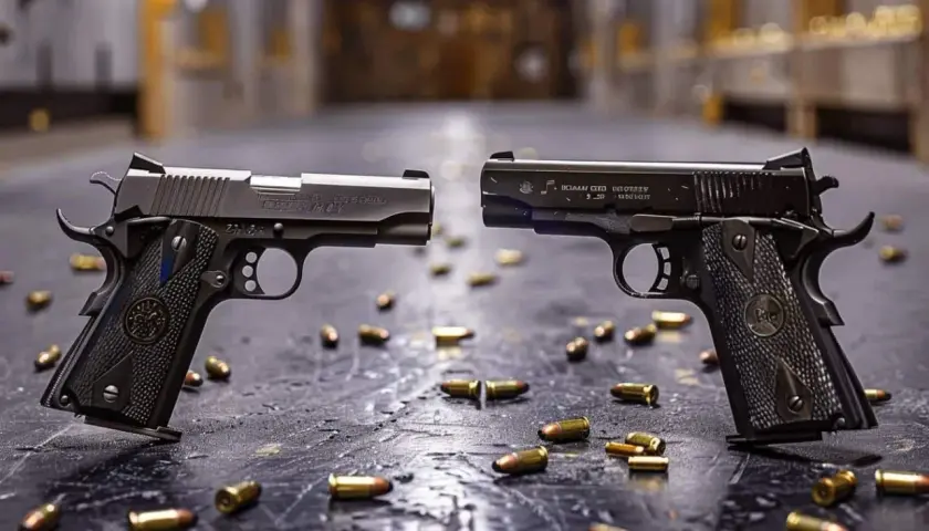Deux pistolets, un 22 LR et un 9mm, posés sur une table avec des douilles éparpillées.