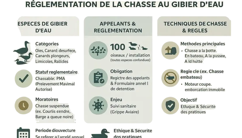 Réglementation de la chasse au gibier d'eau : espèces, appelants, techniques. La chasse au canard de nuit est soumise à des règles strictes.