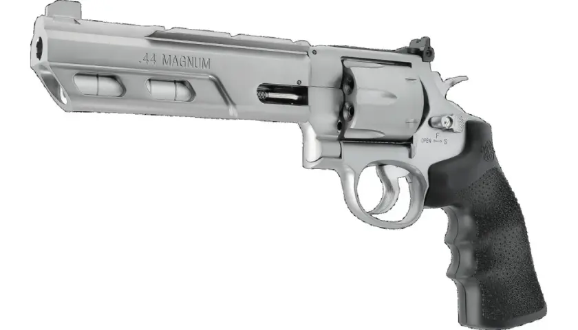 Revolver à plomb .44 Magnum, le plus puissant, avec une poignée noire texturée et un canon argenté.