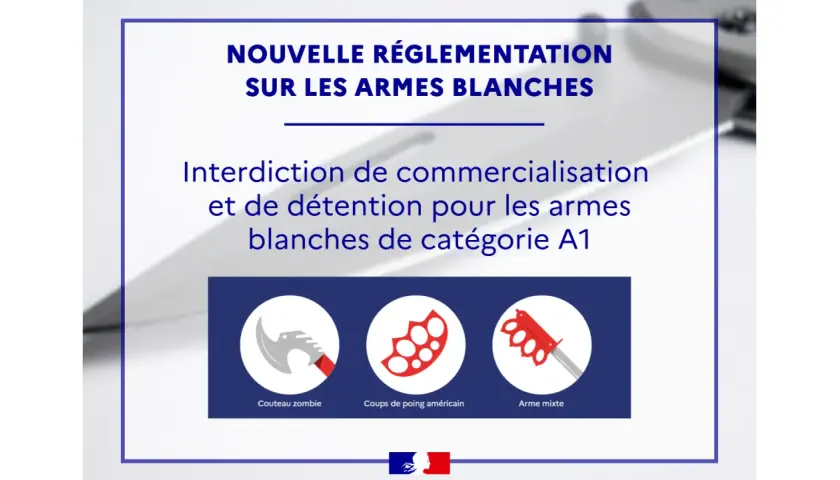 Nouvelle réglementation sur les armes blanches de catégorie A1 : interdiction de commercialisation et de détention. Icônes : couteau zombie, coups de poing américain, arme mixte.