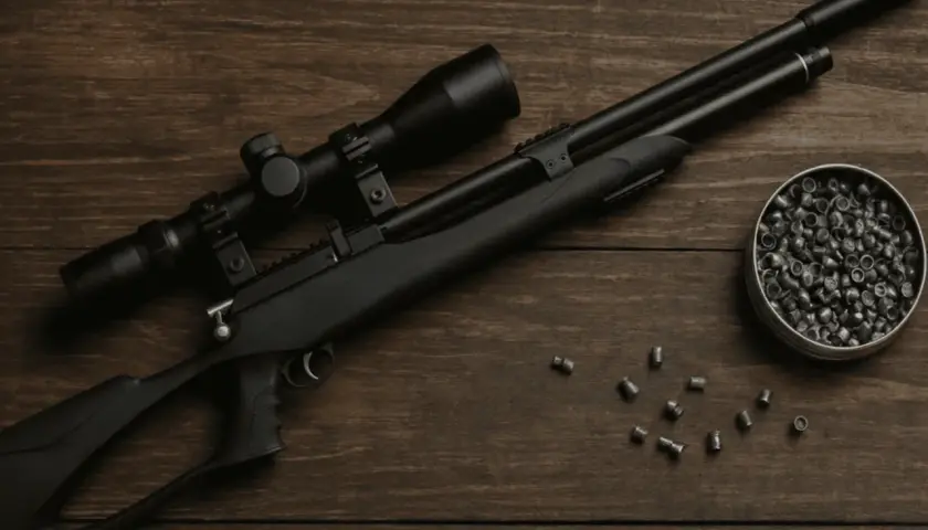 Carabine à air comprimé avec lunette et boîte de plombs, un exemple de la meilleur marque d'arme à feu pour le tir de précision.