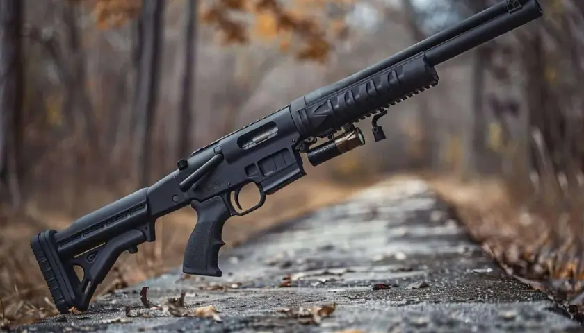 Un fusil à pompe Remington 870 Police, noir, avec une lampe tactique, posé sur un chemin en automne.