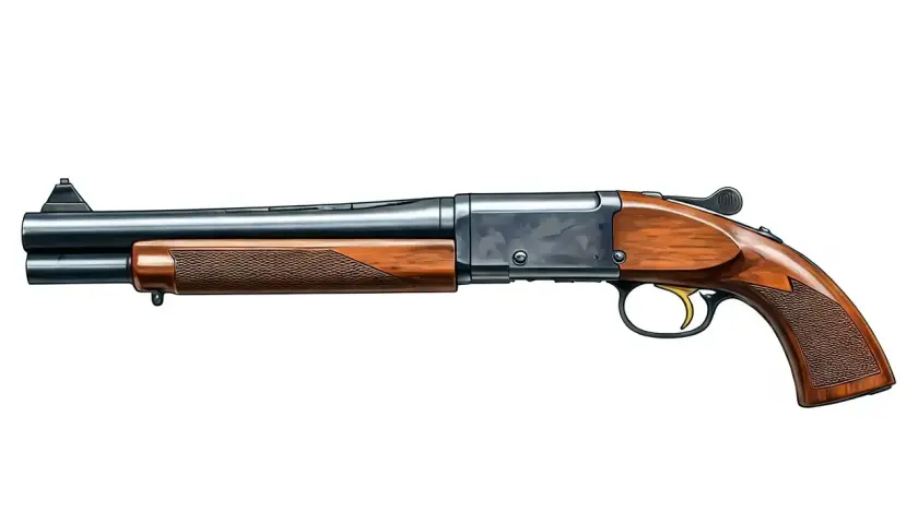 Fusil à canon scié, un objet dont la législation est stricte. Illustration d'une arme à feu avec crosse et garde-main en bois.