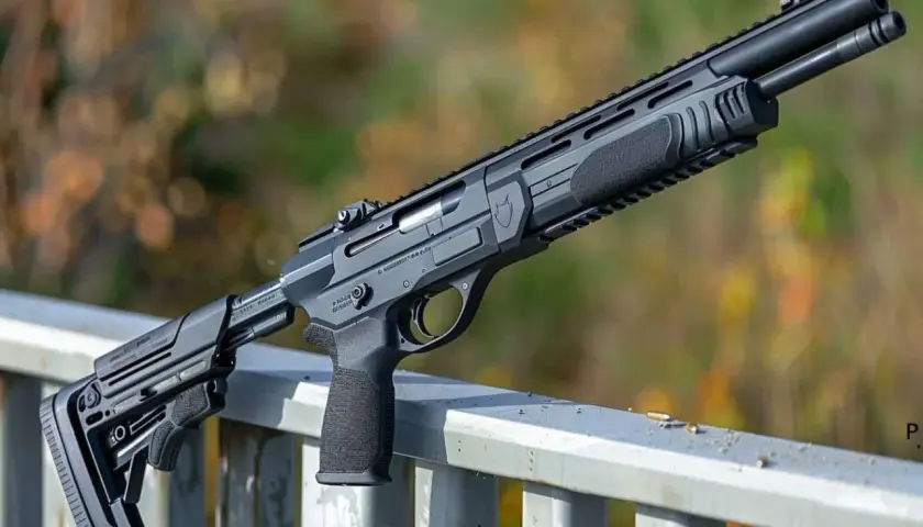 Un fusil tactique noir, avec une crosse réglable et une poignée ergonomique, posé sur une rambarde. C'est peut-être son premier fusil.
