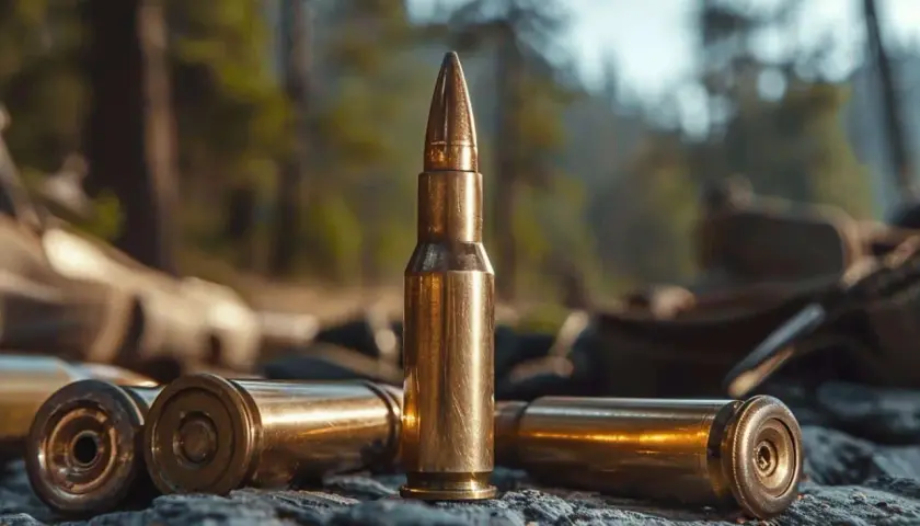 Trois cartouches dorées sur un sol rocheux, en forêt. La question quel calibre pour le sanglier est au cœur de cette scène de chasse.