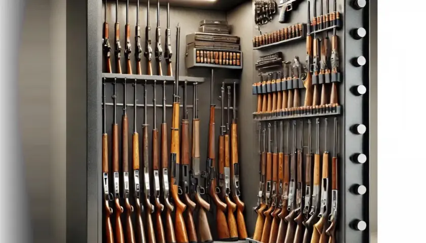 Un coffre-fort rempli de fusils, prêts pour la défense. Des armes à feu de différents calibres sont rangées méticuleusement, certaines avec des crosses en bois.