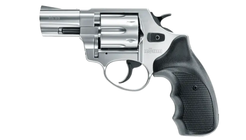Revolver RG 89 chromé, une arme à balle à blanc au design classique, avec une poignée noire texturée.