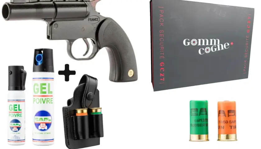 Pack de défense : pistolet lanceur de projectiles, cartouches calibre 12 (dont gomme cogne) et sprays de poivre. Législation en vigueur.